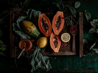 Sliced Fresh Papaya on Wooden Plate - Tropical Fruit Still Life with Warm Sunlight and Rustic Setup 
