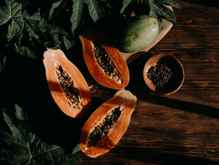 Sliced Fresh Papaya on Wooden Plate - Tropical Fruit Still Life with Warm Sunlight and Rustic Setup 
