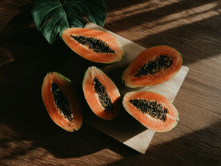 Sliced Fresh Papaya on Wooden Plate - Tropical Fruit Still Life with Warm Sunlight and Rustic Setup 