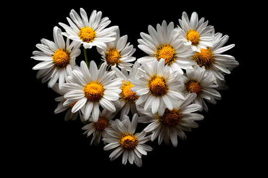 Large daisies in the shape of a heart on a black background - Powered by Adobe