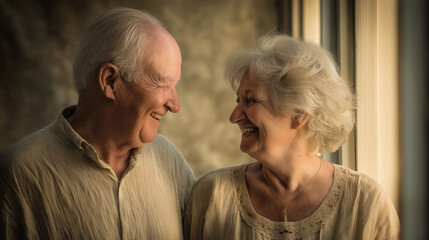 Senior couple laughing on balcony