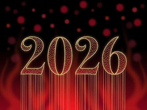 Sparkling numbers create the dazzling 2026 year against a festive red and black background