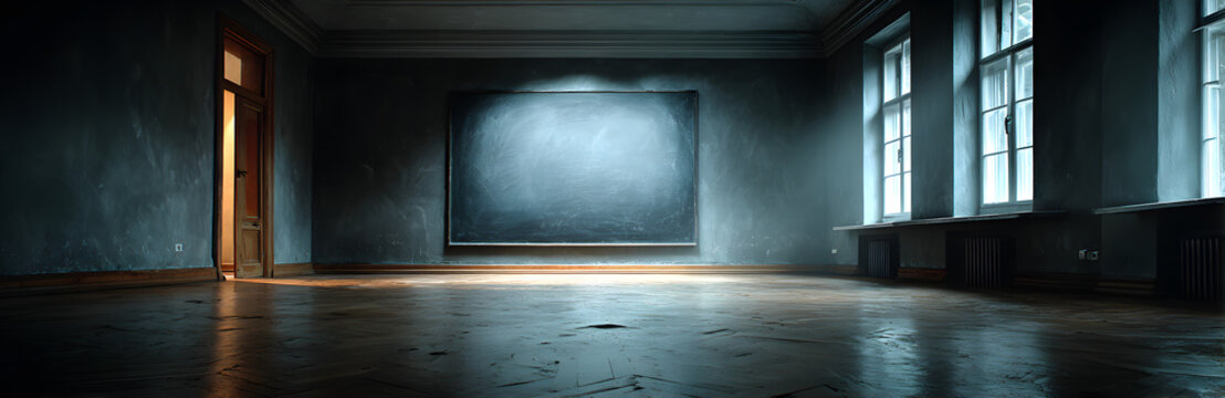 Blank wide screen Real chalkboard background texture in college concept for back to school panoramic wallpaper for black friday white chalk text draw graphic. Empty surreal room wall blackboard pale.