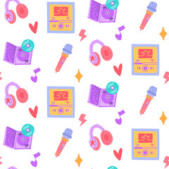 Seamless pattern with elements of K-pop fans listening to music. Headphones, microphone, playlist, album with disc. K-pop fans. Fashionable colorful flat texture for textiles, packaging, and designs.