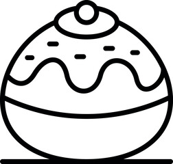 Single, whole, decorated round cake with topping and icing, simple line drawing