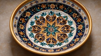 Naklejka premium Ornamental ceramic plate showing intricate gold floral pattern