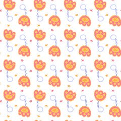 Seamless pattern with cute colorful keychains in the shape of fluffy animal paws. Antistress keychains with orange fur. K-pop fans. Fashionable bright flat texture for textiles, packaging, and design.