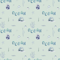 Watercolor seamless pattern with underwater world Bright fish, whale, shark dolphin starfish animals. Jellyfish seashells. Sea and ocean fish life background