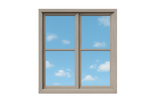 Window frame with blue sky and white clouds, symbolizing freedom, hope, opportunity, and a new perspective