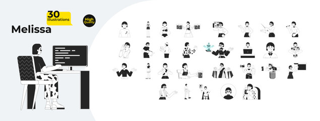 Korean female character with professional, social activities outline illustrations mega bundle. 90s, technology using, hobbies 2D linear images isolated. Collection black and white vector drawings