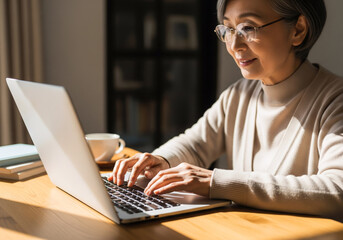 眼鏡をかけたシニア女性が、日当たりの良いテーブルでノートパソコンを快適に使用している様子。生涯学習。アジア人、日本人