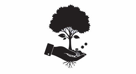 Hand nurturing a growing tree with coins, symbolizing investment and financial growth.