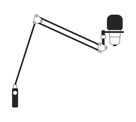 Professional boom arm microphone setup 2D line object. Streaming, recording, podcasting equipment. Audio gear with desk mount isolated clipart vector ink outline item. Monochrome spot illustration