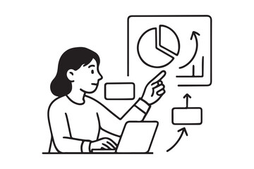 Businesswoman analyzes data flow using laptop, presenting insights in modern office, empowering success with data driven decisions, teamwork innovation