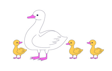 Mother goose with little goslings 2D cartoon characters. Parent children. Cute birds. Wildlife family. Mom duck and babies ducklings flat vector animals isolated on white. Spot illustration colorful