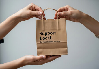Connection, Trust, and Community for Small Business Saturday - Close-up of two people exchanging a brown paper bag with the words “Support Local. (For Small Business Saturday)” printed on it.