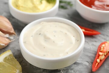 Different sauces in bowls and ingredients on grey textured table, closeup