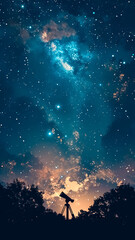 Fototapeta premium Telescope Silhouette Pointed at a Starry Night Sky. Astronomy Discovery, Cosmic Exploration, Stargazing Hobby.