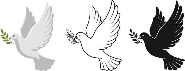 Obraz premium Three doves holding olive branches in different styles and color tones