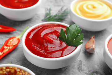 Different sauces in bowls and ingredients on grey textured table, closeup