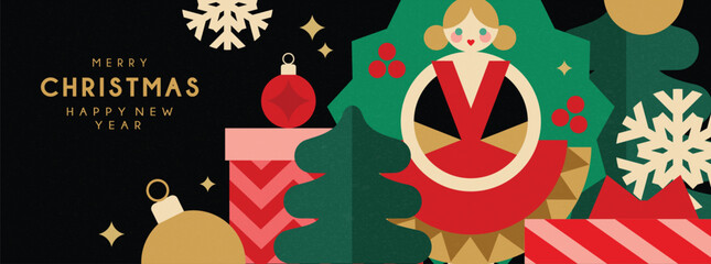 Christmas banner in contemporary flat minimalist style with Christmas wreath and ballerina. Design for Holiday greeting card. Vector illustration 