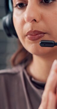 Mouth, woman and consulting with headset in call center for lead generation, online sales and FAQ. Telemarketing, closeup agent and speaking to outbound client for product knowledge or explain offer