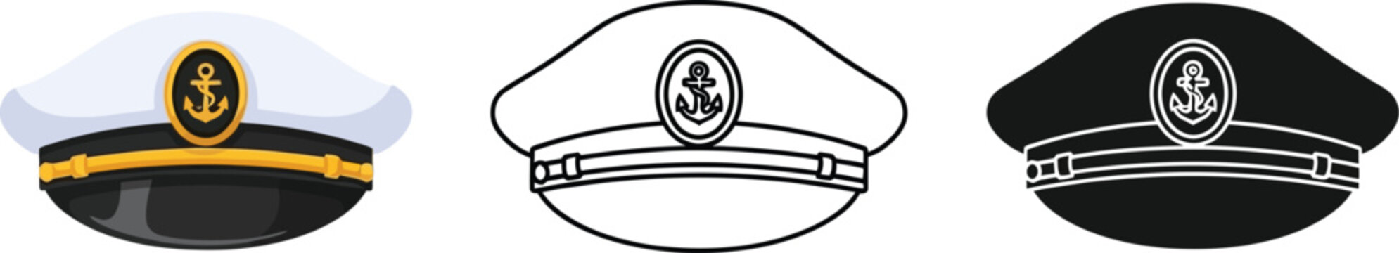 Three captain hats in color outline and silhouette on white background