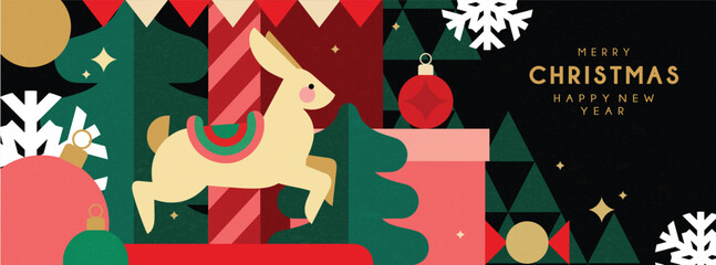 Christmas banner in contemporary flat minimalist style with Christmas carousel. Design for Holiday greeting card. Vector illustration 
