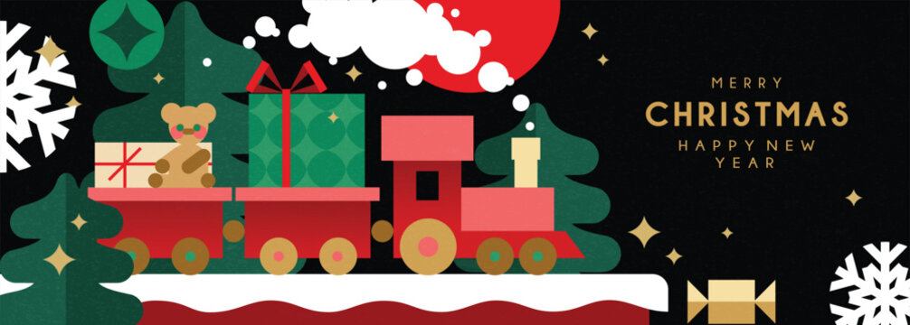 Christmas banner in contemporary flat minimalist style with toy train and gifts. Design for Holiday greeting card. Vector illustration
