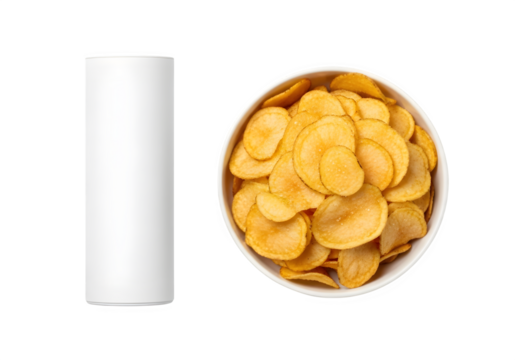Cylindrical white tube package beside round white bowl filled with golden crispy potato chips, isolated on white or transparent background. PNG