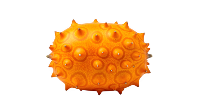 Spiky orange kiwano fruit with a bumpy textured rind isolated on black background