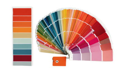 Colorful fan of paint swatches and vertical strip of color samples
