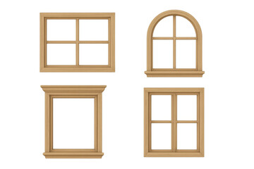 Obraz premium Different wooden window frames set architectural elements for house construction isolated transparent background