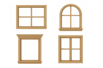 Different wooden window frames set architectural elements for house construction isolated transparent background