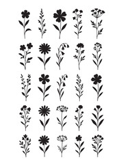 Black and white floral vector pattern with flowers leaves and decorative elements