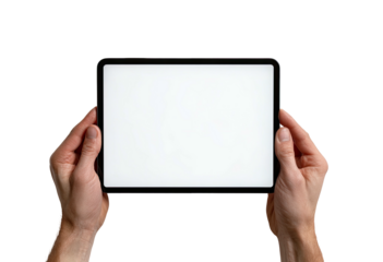 Hands holding a blank digital tablet with a white screen