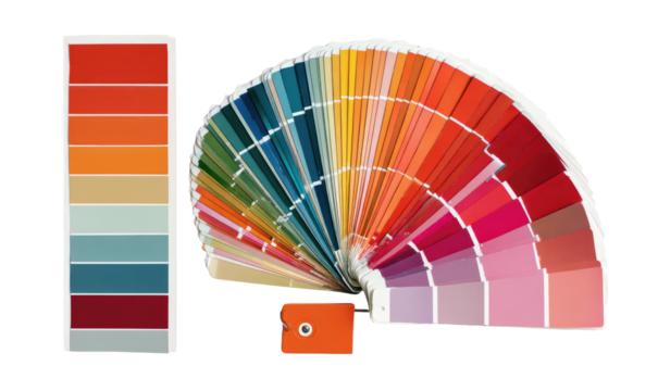 Colorful fan of paint swatches and vertical strip of color samples