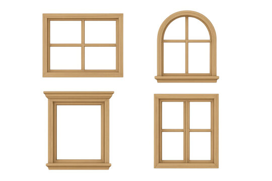 Different wooden window frames set architectural elements for house construction isolated transparent background