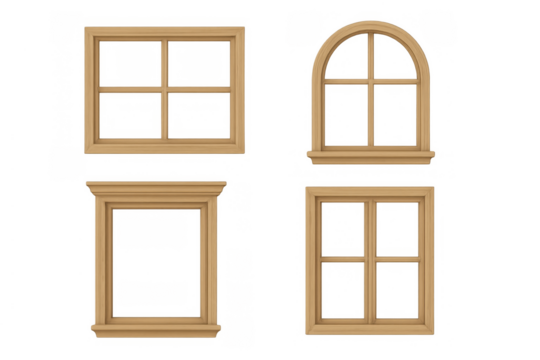 Different wooden window frames set architectural elements for house construction isolated transparent background - Powered by Adobe