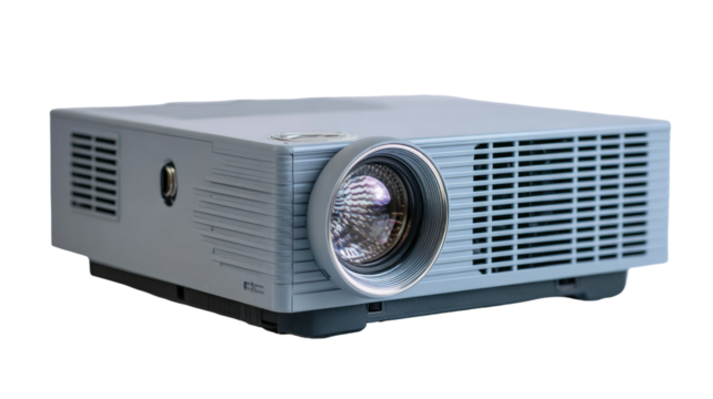 The compact silver and black digital projector with a large lens is isolated on a white background for presentation and movie projection