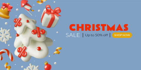 Winter holiday sale and discount banner concept. Snowy 3D Christmas tree decorated with percentage signs. Vector illustration. 
