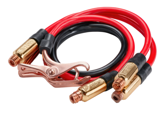 Red and black jumper cables with brass battery clamps on black background
