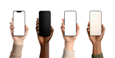 Diverse hands showcase modern smartphones with blank screens