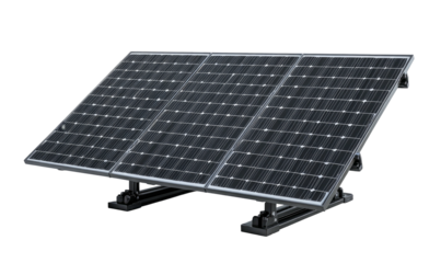 Three dark, framed solar panels tilted on a metal frame