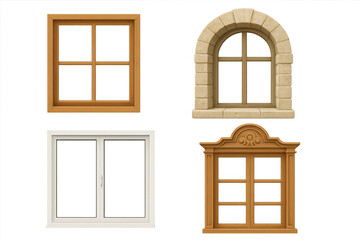 Obraz premium Window frames set including wooden, white, and arched stone designs on transparent background