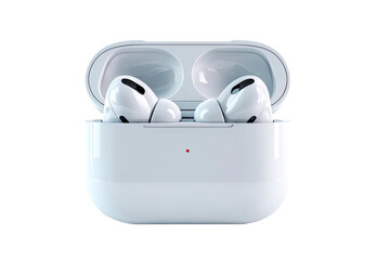 Open white wireless earbuds case with two white earbuds inside