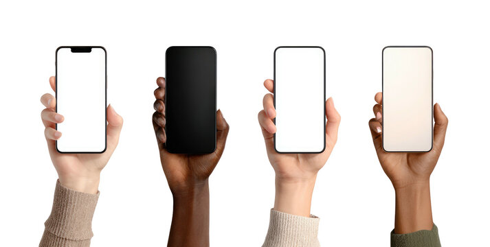 Diverse hands showcase modern smartphones with blank screens