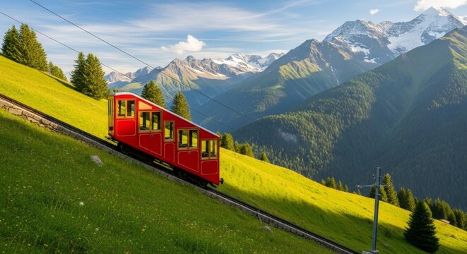 Red funicular climbing mountain slope on sunny day