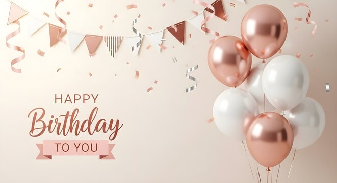 Elegant birthday celebration with rose gold balloons, confetti, and festive banner &ndash; party backdrop