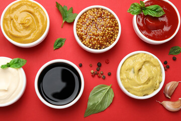 Different sauces, spices and herbs on red background, flat lay